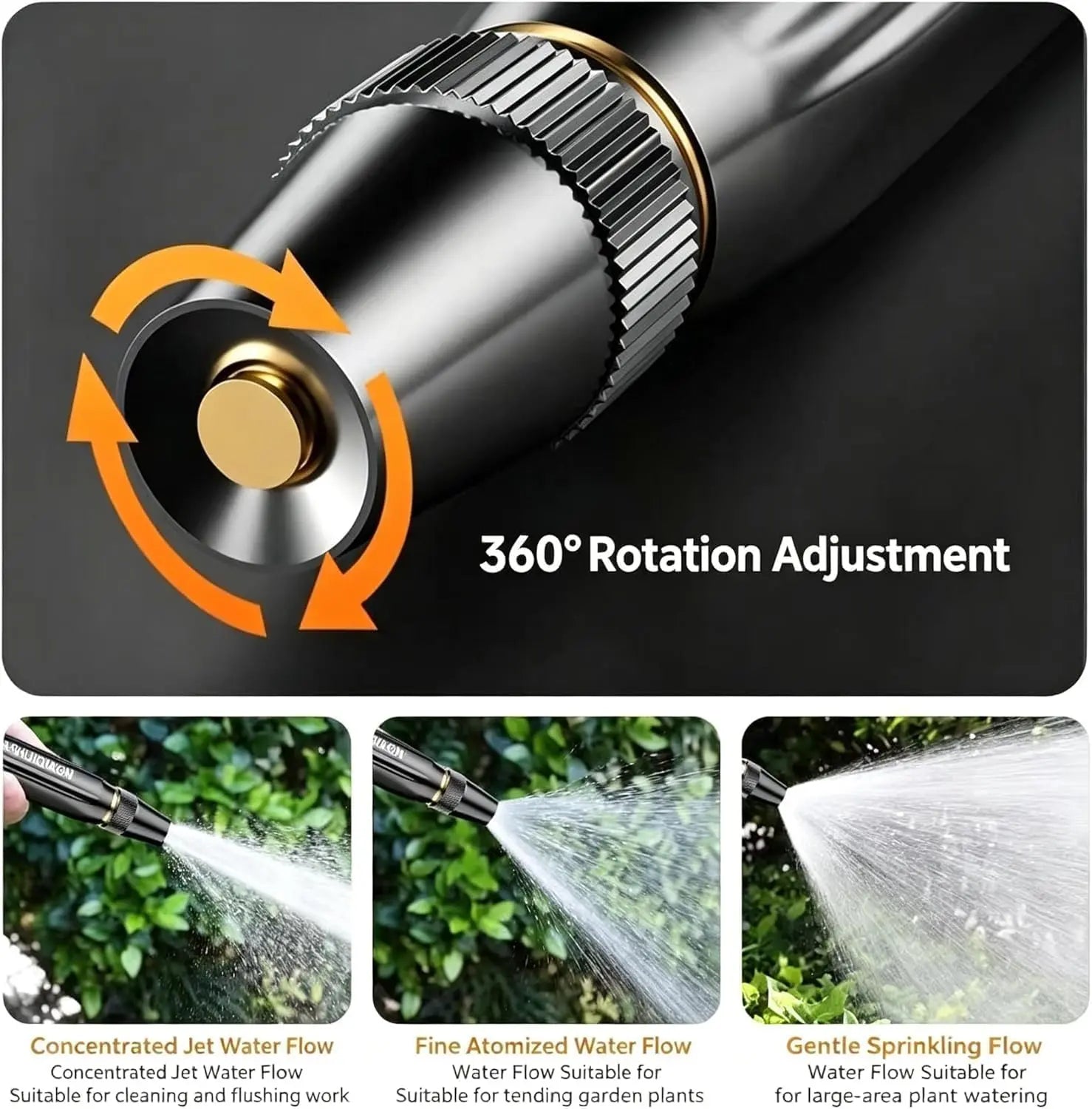 High-pressure water nozzle featuring 3-in-1 adjustable spray modes: Jet, Shower, and Mist