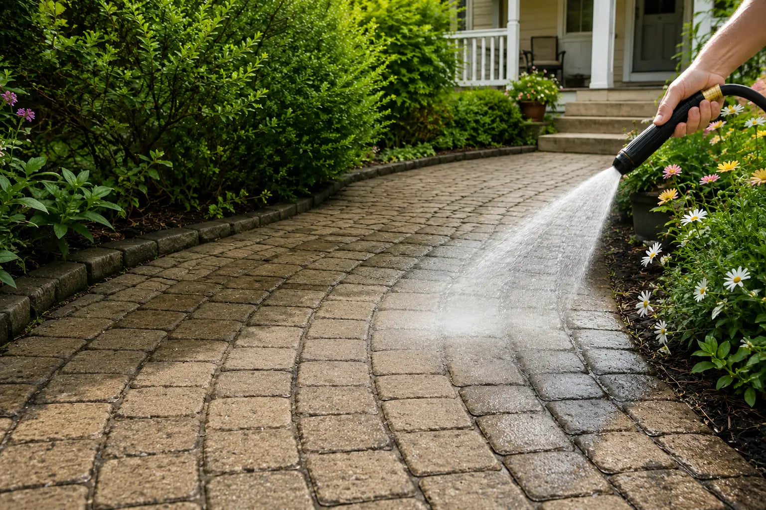A garden that has been cleaned using a water spray nozzle, with visibly refreshed plants and ground surfaces, reduced dirt and debris, and a cleaner, brighter overall appearance.