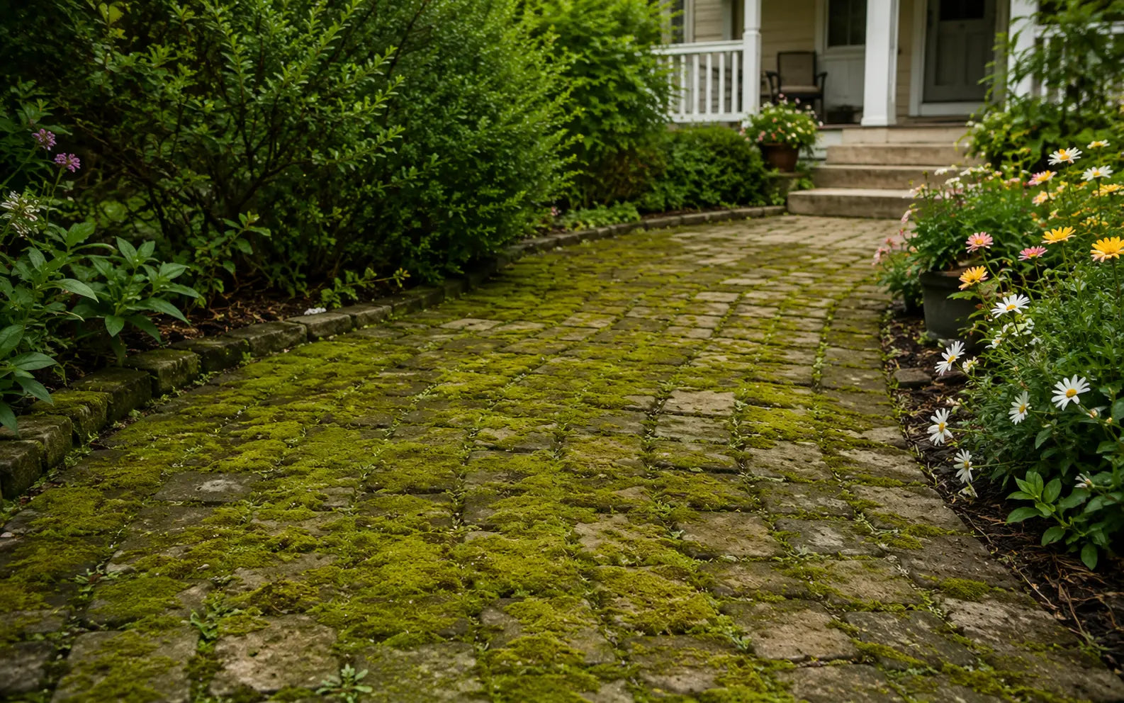 A garden in its uncleaned state before washing or maintenance, with visible dirt, debris, or buildup on the ground and plants, showing a natural but untidy condition.