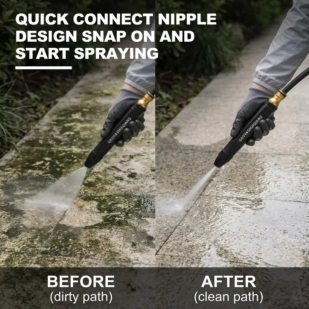 Before and after comparison showing turbocharging water nozzle effortlessly removing moss and dirt from garden path