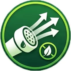 Green circular icon showing an eco-booster nozzle spraying strong water streams without electricity.