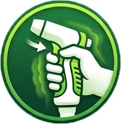 Green circular icon featuring a hand squeezing a lightweight, non-slip ergonomic spray gun handle.
