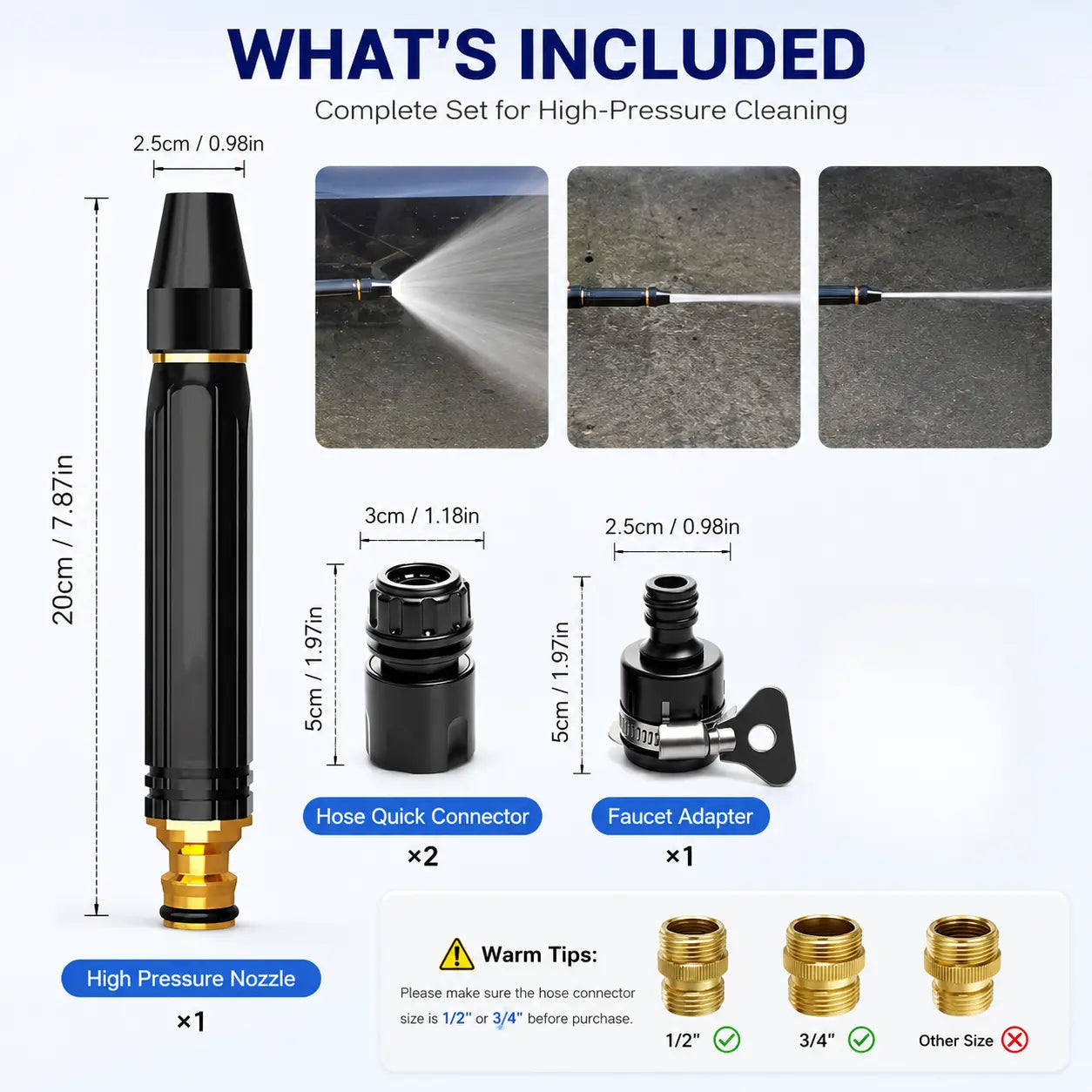 Close-up of the high-pressure water nozzle set with leak-proof snap-on connectors.