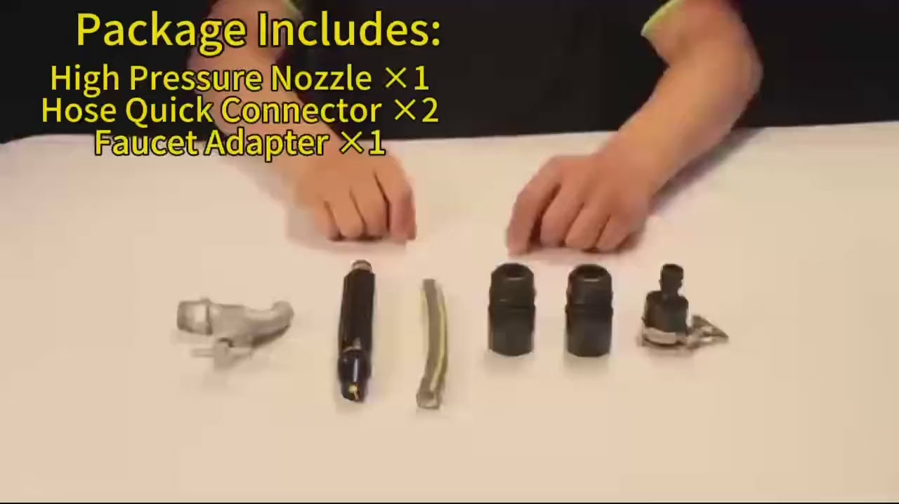 A step-by-step demonstration showing how to install and operate a high-pressure water spray nozzle, including attaching it to a hose, adjusting settings, and using it to spray water effectively for cleaning purposes.